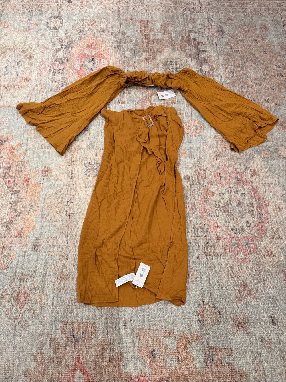 Off-Shoulder Mustard Belted Midi Dress